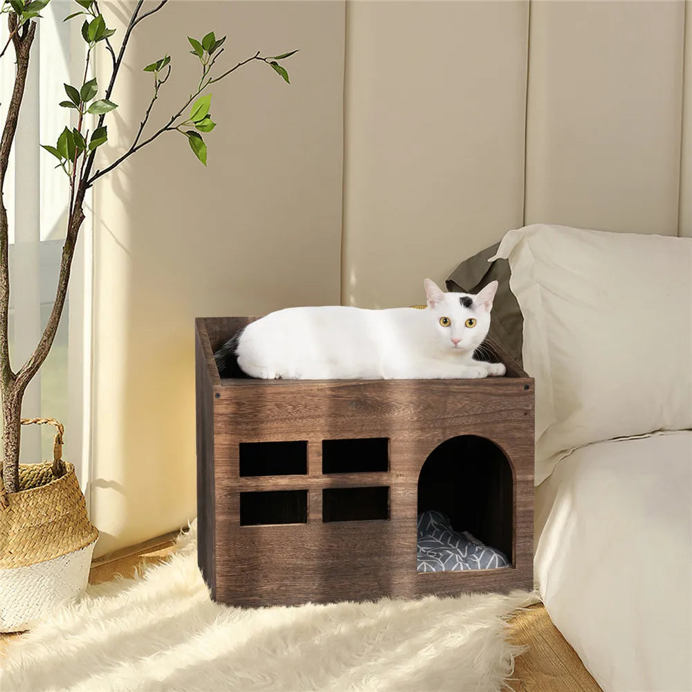 Wooden Cat Cave Bed House
